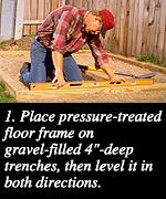 1. Place pressure-treated floor frame on gravel-filled 4
